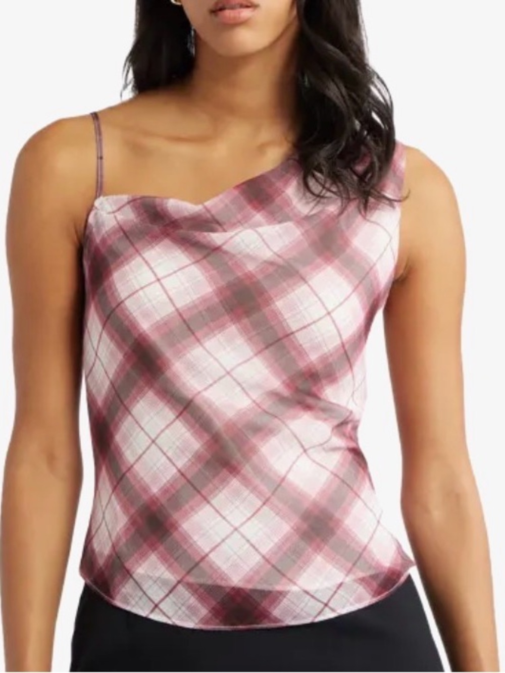 NWT Open Edit Drape Asymmetric Neck Top Red Plaid Lined XL
